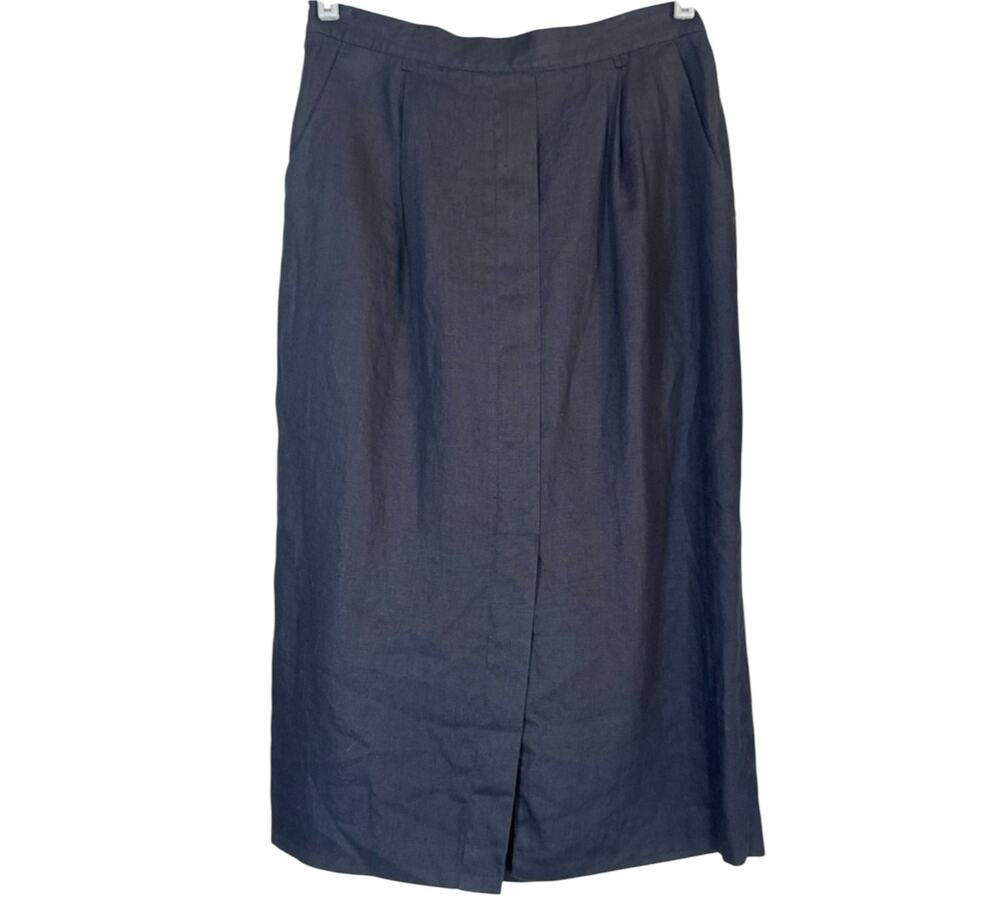 Vintage Navy Blue 100% Linen Midi Skirt Career Timeless Classic Minimalist 14W